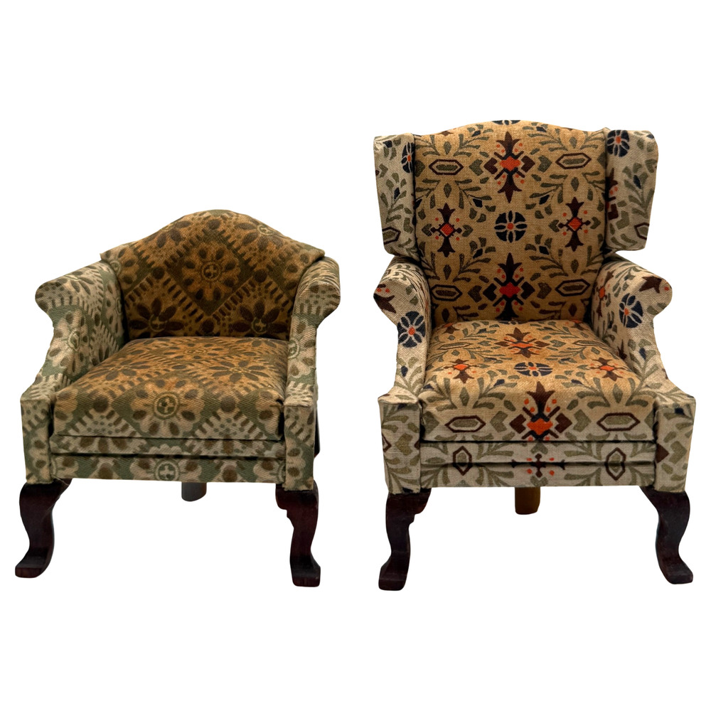 2 Vintage Dollhouse Miniature Upholstered Armchairs Queen Anne FAO Schwarz READ